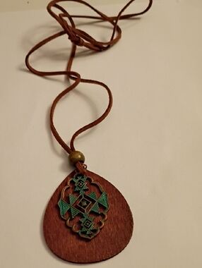 Brown Wooden Teardrop Necklace with Green Accent - Women Jewelry